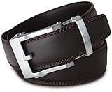 Classic Men's Leather Ratchet Click Belt - Brushed Silver Buckle w/ Single Stitched Brown Leather Belt (Trim to Fit: Up to 45'' Waist)