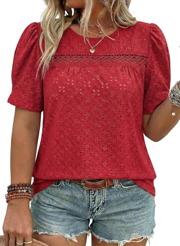 Eytino Plus Size Clothes for Women Lace Puff Short Sleeve Eyelet Blouse Crewneck Casual Summer Tops,2X Fiery Red at Amazon