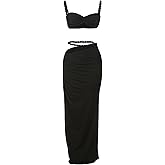 longlugoo Women's Two Piece Skirt Sets Summer Beach Sexy Ruched Backless Cami Top And Cut Out Skirt Night Out Dress