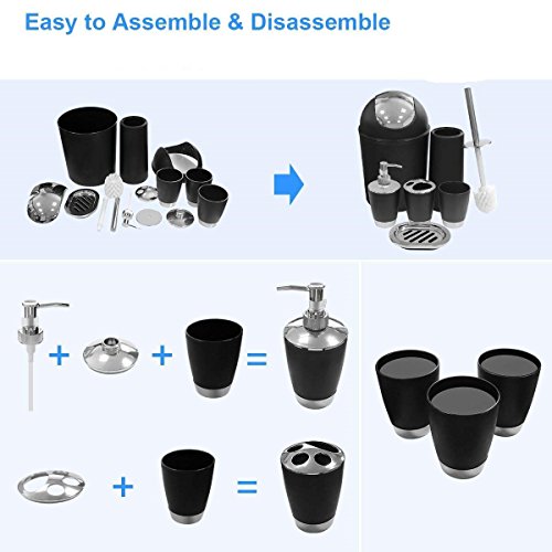TEKITSFUN Black Bathroom Accessories Set,6 Pcs Plastic Gift Bath Accessory Set Luxury Ensemble Includes Toothbrush Holder,Toothbrush Cup,Soap Dispenser,Soap Dish,Toilet Brush Holder,Trash Can - Thumbnail 4