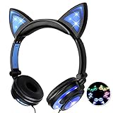Bonwayer Kids Headphones with Cat Ear Adjustable LED Lights Wired On-ear Rechargeable Headsets 85dB Volume Limited 3.5 mm Jack for Children Halloween and Christamas Gift (Blue)