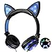 Bonwayer Kids Headphones with Cat Ear Adjustable LED Lights Wired On-ear Rechargeable Headsets 85dB Volume Limited 3.5 mm Jack for Children Halloween and Christamas Gift (Blue)