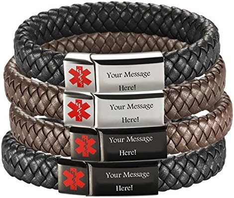 [Engraving]Leather Medical Alert Bracelet - Personalized Medical ID for Men Women Kids Custom Diabetic Alert Bracelet-Black