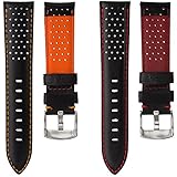 Geckota Genuine Italian Leather Perforated Sport Watch Band, Black with Contrasting Stitching