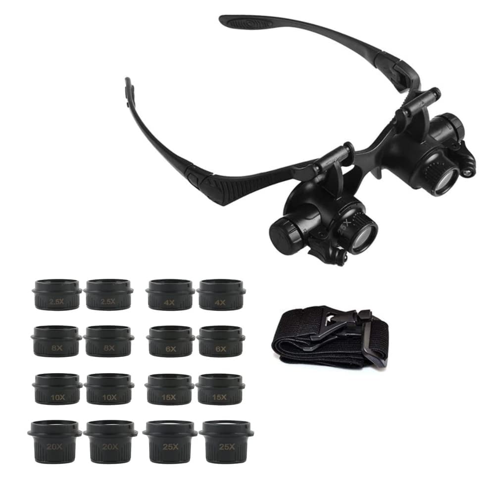 FOCUSMART LEDライト付 メガネ型ルーペ 眼鏡型拡大鏡 倍率2.5/4/6/8/10/15/20/25倍 レンズ交換式 両手が使える ヘッドバンド付 軽量設計 跳ね上げ式 ツインレンズ拡大鏡 修理 工作 彫刻 手芸 鑑定 各種精密作業に FMTLPXK8G9892 アクリル ブラック