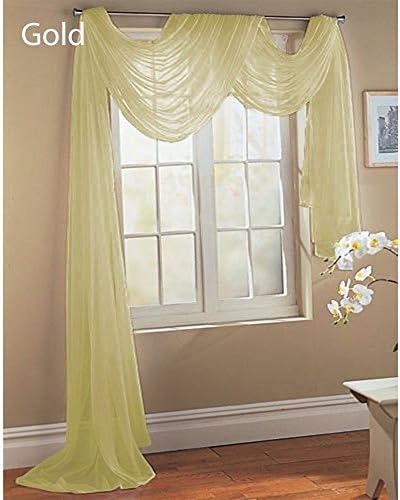 Waterfall Faux Silk &amp; Window Sheer Scarf Voile Window Curtain Drapes Valance (Window Scarf Valance, Gold Turrfle)