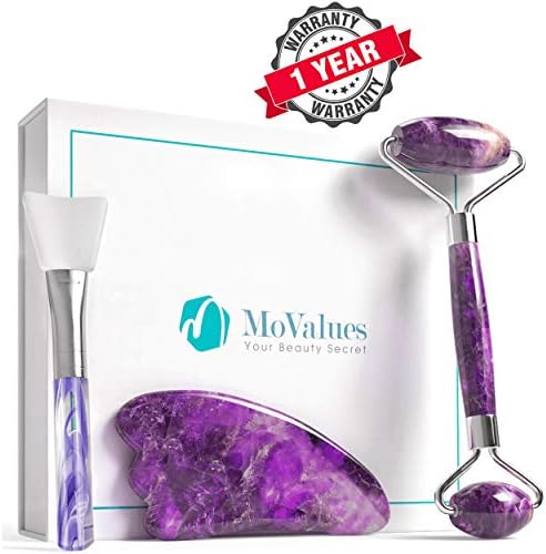 Authentic Amethyst Jade Roller and Gua Sha Set - Jade Roller for Face - Face Roller for Wrinkles, Anti Aging - Authentic, Durable, Natural, No Squeaks - with Mask Brush (Amethyst)