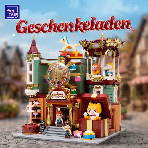 PANTASY Geschenkeladen Clamping Building Blocks Set for Adults, Motorised European Fairy Tale House with Carousel, Ferris Wheel, Hinged Back Panel and Detailed Interior, Modular Building Display