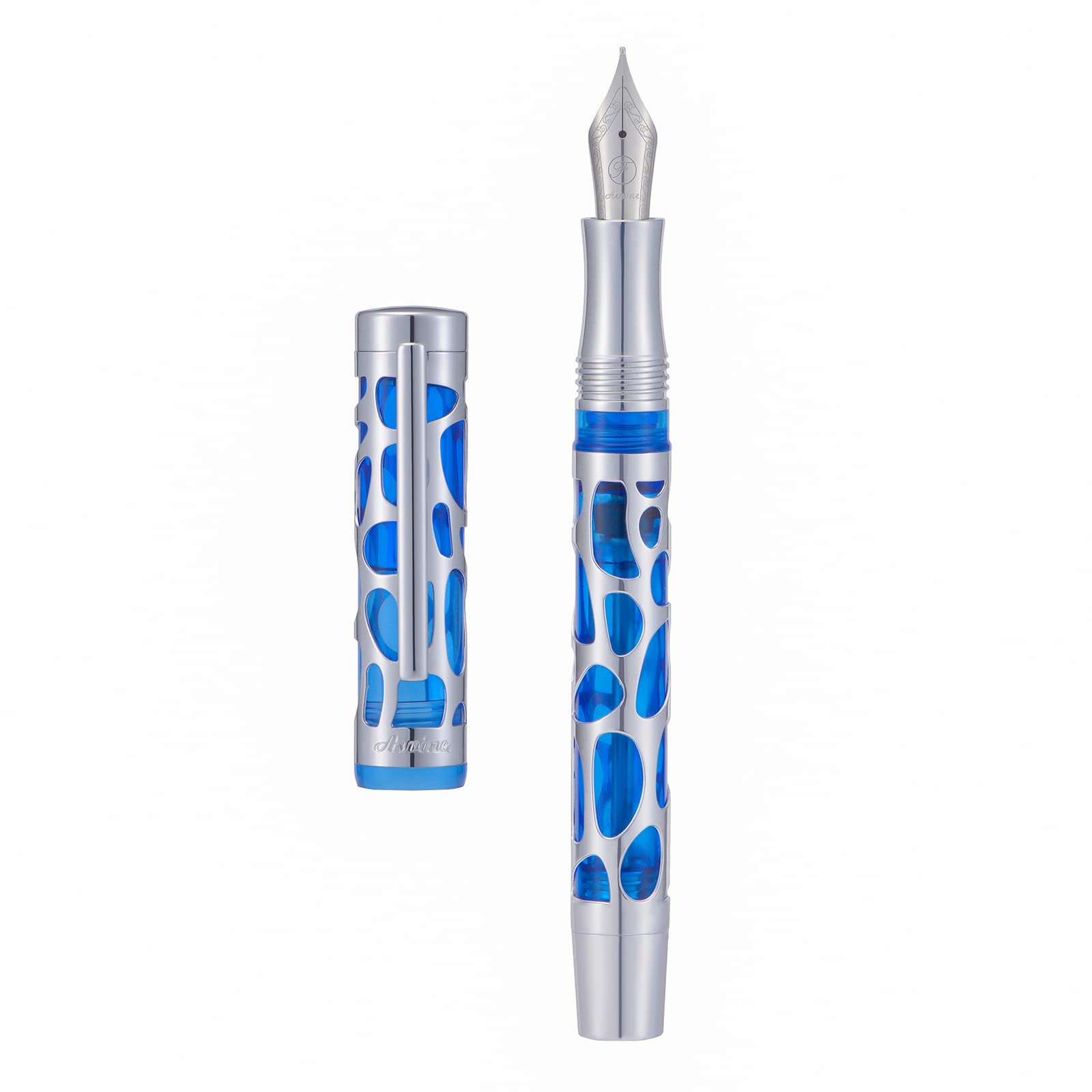 Asvine V169 Vacuum Filling Fountain Pen Fine Nib, Water Drop Skeleton Transparent Blue Acrylic Pen Case Set