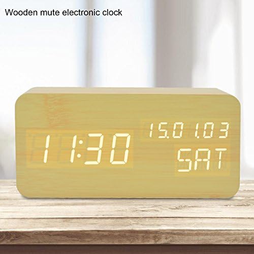 GO HAND Desktop LED Calendar Digital Alarm Clock Office Home Bedroom Snooze Wood Clock with Sound Control Function (Bamboo White Light)