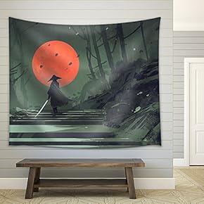Illustration - Samurai Standing on Stairway in Night Forest with The red Moon on Background,Illustration Painting - Fabric Wall Tapestry Home Decor - 51x60 inches