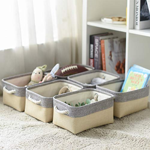 Sacyic Fabric Storage Baskets for Organizing(6 Pack) Small Baskets for Shelves,Toy Storage, Laundry, Nursery, Closets, Decorative Baskets for Gifts Empty (Grey & Gold, 11.8” x 7.8” x 5.1”)