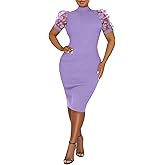 Annystore Women's Mesh See Through Sheer Dress Short Puff Sleeve Bodycon Dress Mock Neck Sexy Club Party Midi Dress Clubwear