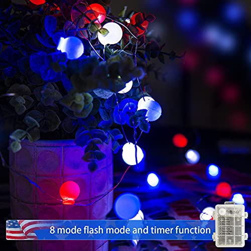 LOLStar 4th of July String Lights Red White Blue Fairy String Lights 7.38ft 20 LEDs Bulb Shape Waterproof Battery Operated Patriotic Decor for Independence Day,Memorial Day,Flag Day Patriotic Party
