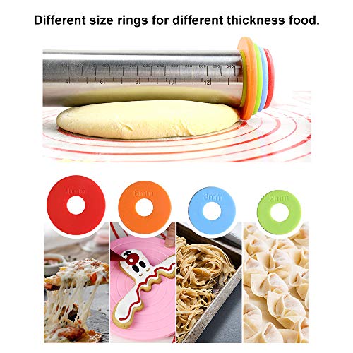 Inkec Stainless Steel Rolling Pin 17Inch & Silicone Baking Mat, Adjustable Dough Roller with 4 Removable Thickness Rings for Baking Pizza Pie Pasta Cookies - Thumbnail 3