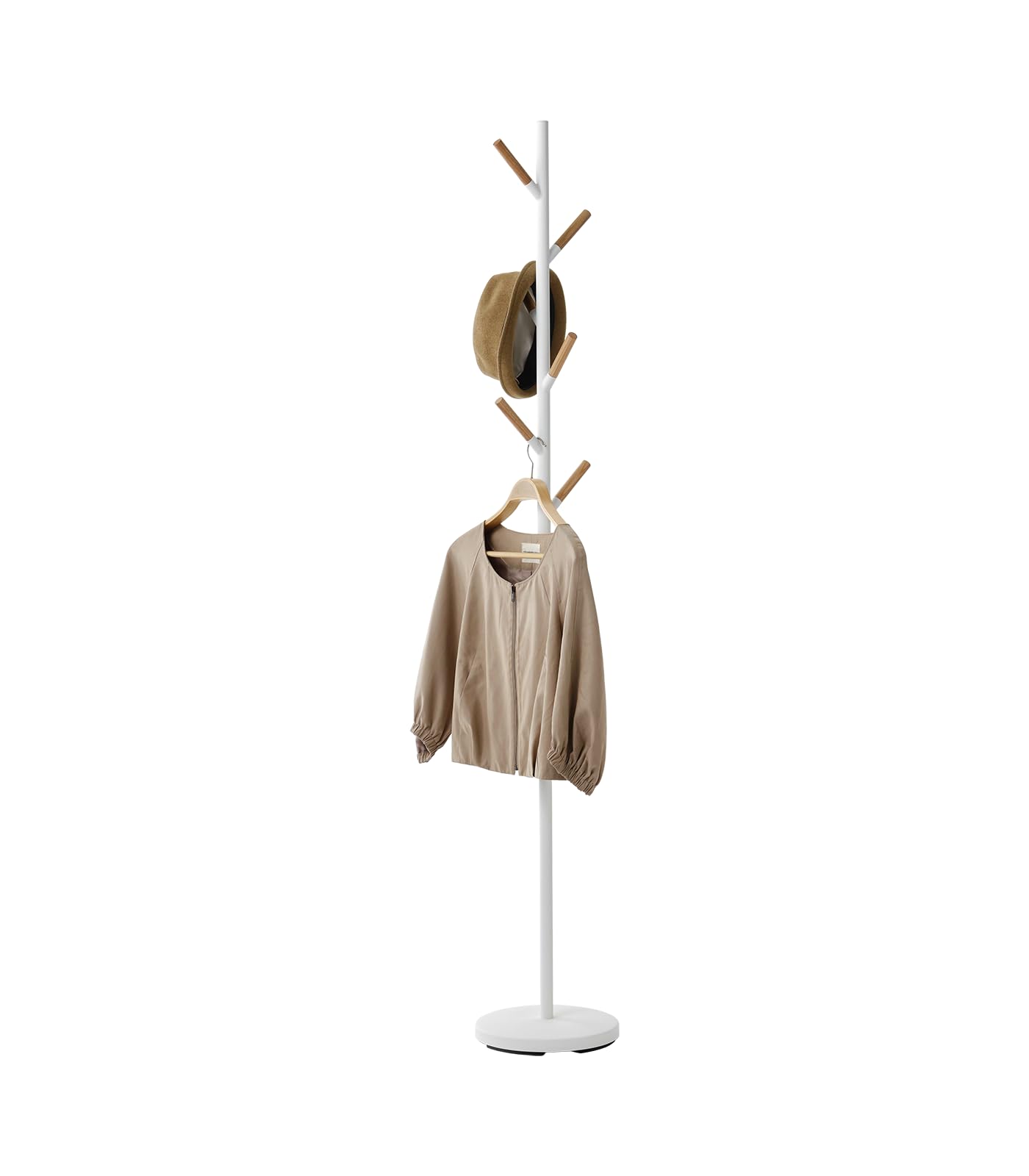 Yamazaki Home Freestanding Coat Hanger Rack with Wooden Hooks, Space Saving Steel One Size White