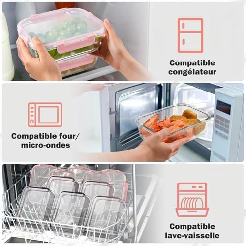 Boite Alimentaire Verre avec Couvercle Hermétique - Lot de 10 Lunch Box Verre Réutilisables, Sans BPA, Compatibles Micro-ondes, Four, Lave-vaisselle, Congélateur, Rose