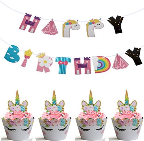 Unicorn Rainbow Happy Birthday Letter Banner With Cupcake Wrapper And Topper