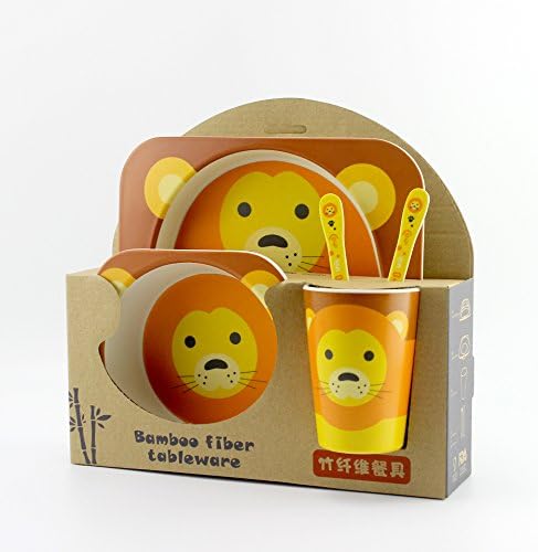Baby Kids Dinnerware Organic Kids Dishes Bamboo Fabric Toddler Dinner Set Tableware(Cups Plates Spoon Forks bowls) Cartoon Lion 5 Piece Degradable Drop Resistance(Lion yellow)
