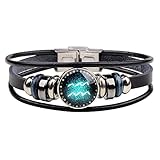 CHUYUN Retro 12 Zodiac Constellation Beaded Hand Woven Leather Bracelet Punk Chain Cuff (　Aquarius)