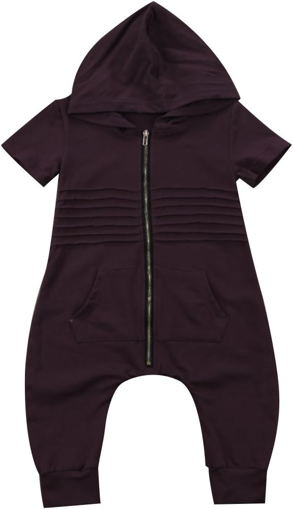 Urkuteba Baby Boys Summer Romper Outfit Solid Cotton Short Sleeve Zipper Hooded Romper Hoodie Sunsuit