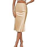 LYANER Women's Satin Silky High Waist Side Zipper Up Ruffle Hem Flared Midi Skirts Beige X-Large