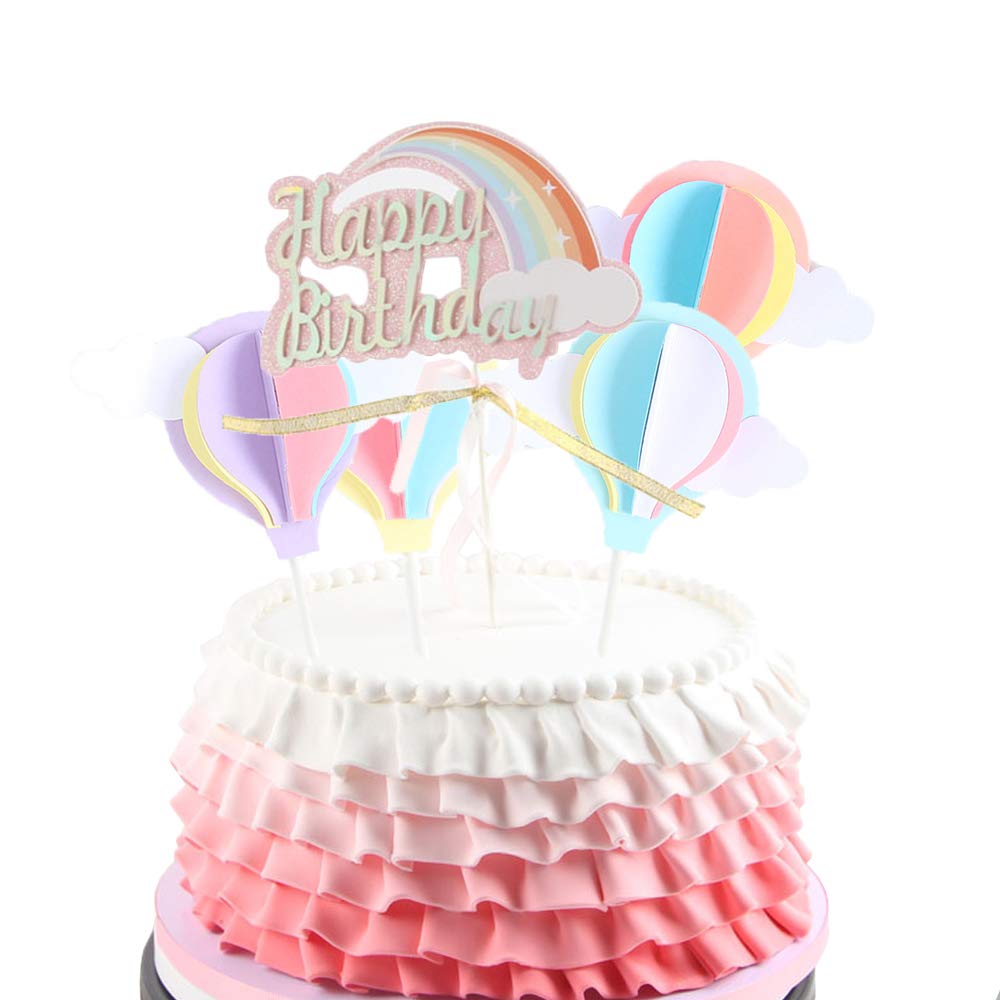 Colorful Rainbow Happy Birthday Cake Topper Cloud Hot Air Balloons