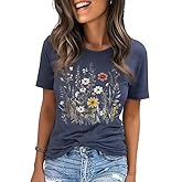 Women's Vintage Flowers Tshirts Floral Graphic Tees Wildflowers Shirts Vacation Casual Short Sleeve Tops Loose Beach Tops