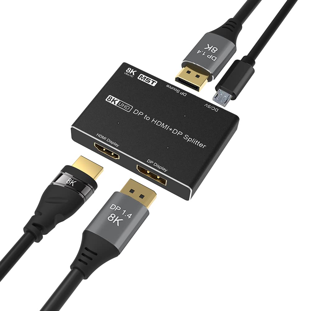 YIWENTEC DisplayPort HDMI Splitter 8K MST SST 1 In 2 Out Directional DP 1.4 8K@30Hz 4K@120Hz to DisplayPort HDMI 8K 2.1 1440P@165Hz Directional Converter Switch Multi Screen Transfer