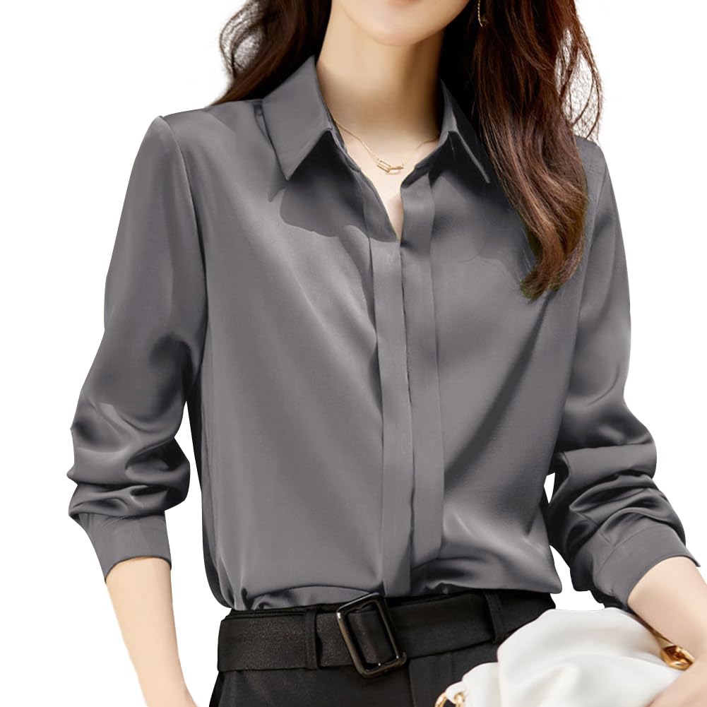 Ladyangel Women's Shirt, Blouse, Satin Top, Long Sleeve, Tucked Collar, Soft, Slimming, Solid, Simple, Beautiful, Elegant, Shirt, Everyday, Office, Casual, Work, Spring, Autumn