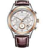BUREI Men's Chronograph Wrist Watches with Rose Gold Date Analog and Brown Leather Strap