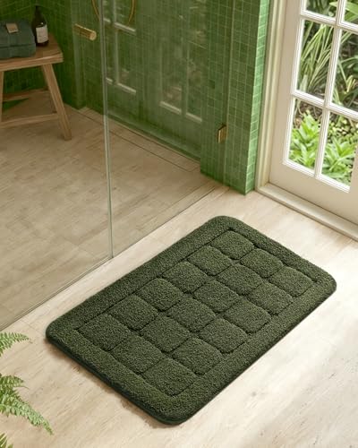 Color&Geometry Ultra Soft Bathroom Rug, Non Slip Machine Washable Bath Mat with Rubber Backing, Plush Fluffy Absorbent Carpet for Bathroom Floor, Tub and Shower, 17"x47", Green