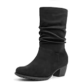 VJH confort Women's Mid Calf Boots Slouchy Ruffles Zipper Round Toe Low Block Heel Winter Warm Shoes