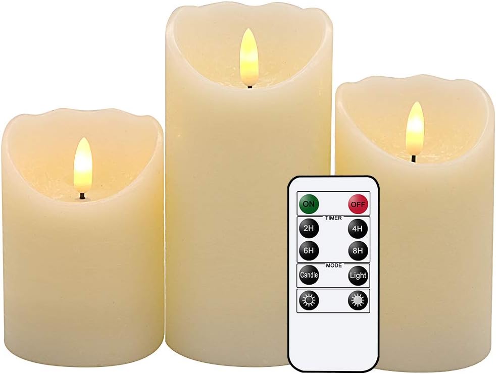 Eldnacele Flameless Flickering Candles with 10 Key Remote, 3D Wick Real Wax Battery Operated Ivory Pillar Candles