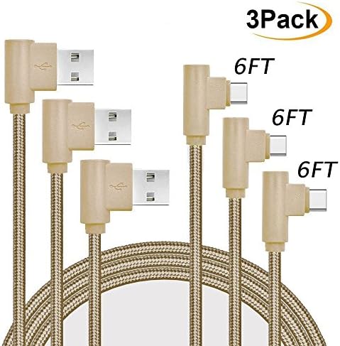 Daker USB Type C Cable, [3Pack] 6ft Right Angle 90 Degree Nylon Braided Cord Charge and Data Sync Fast Charger for Galaxy S8/S8+, Note 8, Google Pixel XL, LG G5/G6/V20, ZTE Zmax Pro Z981 (Gold)