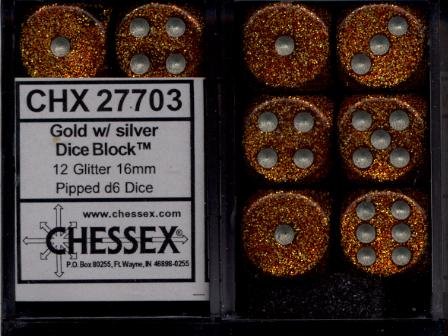Chessex Dice d6 Sets: Glitter Gold / Silver - 16mm Six Sided Die (12) Block of Dice