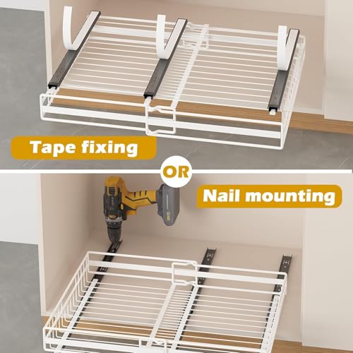 TOJUNE 2 Removable Kitchen Drawers with Sliding Rails (Set M+L) | Adjustable Width Expandable, Self-Adhesive/Drills with Nano Film for Kitchen, Pantry, Living Room (White)
