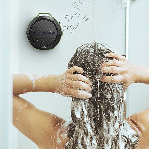 Bluetooth-shower-speaker-by-AncordWorks-5W-Driver-23-Hours-Playtime-with-8G-TF-CardCard-ReaderSuction-CupClip-CarabinerDC-Charger-Army-Green