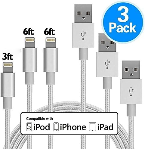 GANJOY iPhone Charger 3Pack 3FT/6FT/6FT(1M/2M/2M) Nylon Braided 8 pin Charging Cables USB Charger Cord, Compatible with iPhone X, 8, 8 Plus, 7, 7 Plus, 6s, 6s Plus, 6, 6 Plus, SE, 5s,iPad - Silver