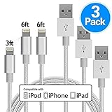 GANJOY 3Pack 3FT/6FT/6FT Braided Charging iPhone Charger Cord, Compatible with iPhone 6/7 and More (Silver)