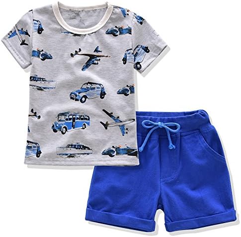 Short Sets, Gmayoo Little Boys Summer Fashion Short Sleeve Cotton Clothing Sets(6 For 5-6 Years,Gray shirt printed with cars planes ships)
