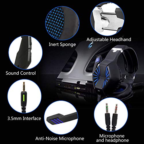 RegeMoudal Gaming Headset for Xbox One, PS4, PC, Noise Cancelling Over Ear Headphones Mic, Blue LED Light, Subwoofer Surround, Soft Memory Earmuffs for PC Laptop Tablet and Smart Phone - Thumbnail 3