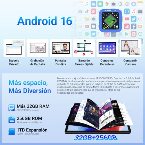 TT.KIDS Tablet Android 16, Tableta de 11 Pulgadas, 32GB RAM+256GB ROM (TF 1TB), 7800mAh, 5 Núcleos, 1280 * 800 Pantalla HD, WiFi 6, Widevine L1, Bluetooth 5.4, 5MP+8MP, Face ID, GPS Tableta Pad
