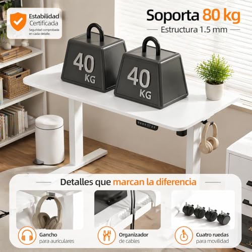 Elevable Eléctrico 160x60cm,Ajuste de Altura con Rueda,Escritorio de Pie para Oficina en Casa, con Memoria y Soporte Metálico en T (White, 160cm)