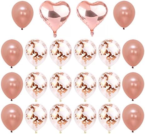 Rose Gold Confetti Balloons 22 Pieces - Beautiful And Elegant Balloons Perfect For Birthdays, Baby Showers, Party Decorations, Weddings, Anniversaries And Much More | Heart, Solid And Confetti Balloon