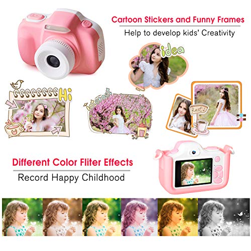 ShinePick Kids Camera, Kids Digital Camera 16MP HD 2.0 Inch Screen Selfie Video Camera with Cartoon Silicone Case & Micro SD Card for Kids(Pink)