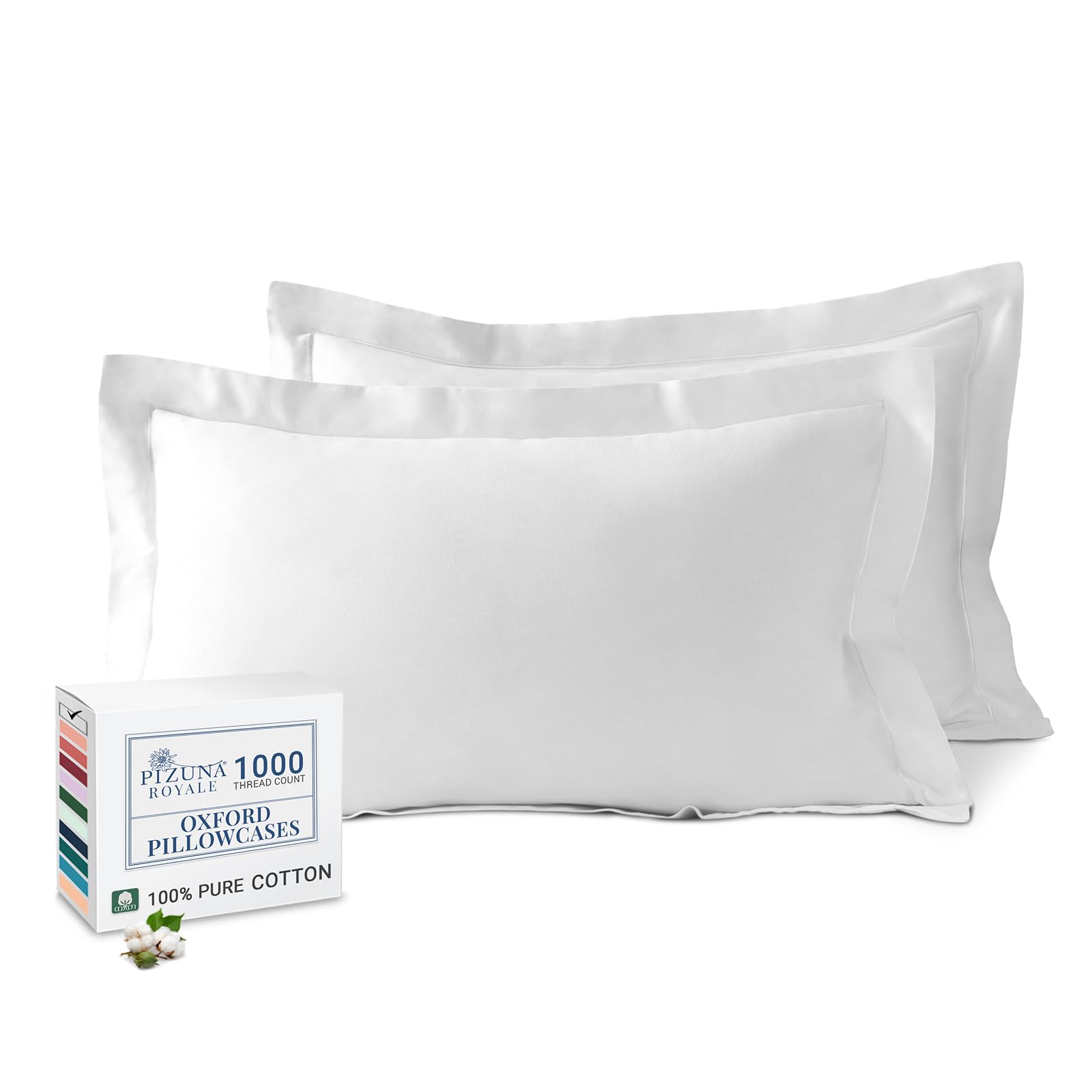 Pizuna Luxurious Cotton Standard Pillowcases 2 Pack White 50x75cm, 1000 Thread Count Long Staple Combed Cotton Thick Pillow Cover, Soft Sateen Oxford Pillow Cases (Cooling Pillowcase)