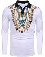 COOFANDY Mens African Print Shirt Bright Dashiki Slim Fit Long Sleeve Polo Shirt,X-Large,White
