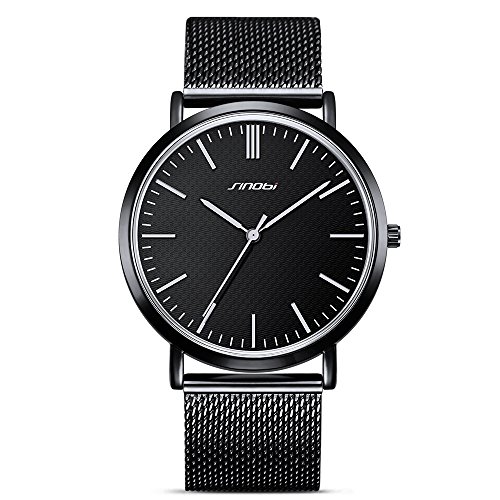 SINOBI Unisex Black Quartz Analogue Wrist Watch Ultra Thin With Minimalist Texture Dial and Milanese Band