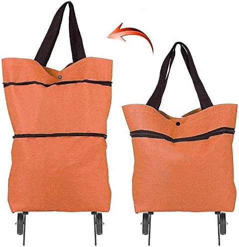 WINIT Folding Shopping Bag w/Wheels, Utility Collapsible Grocery Bag Shopping Cart with Hand-straps, Portable Dual-Use Trolley Bag Tug Laundry Basket Luggage Transit Shoulder Hand Tote Bag (Orange)